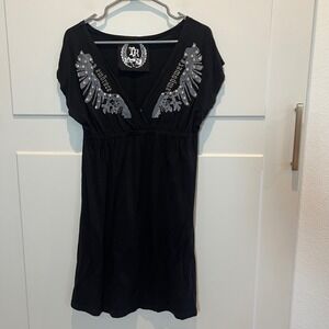 Treasure Rock Black Dress V Neck Wings‎ Pearl Embellished Womens Large Coverup